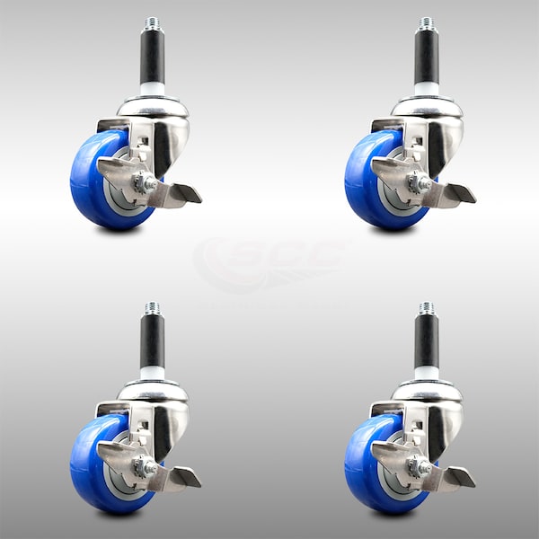 Service Caster 3.5 Inch 316SS Blue Poly Swivel 7/8 Inch Expanding Stem Caster Set Brake SCC SCC-SS316EX20S3514-PPUBBLUE-TLB-78-4 - main